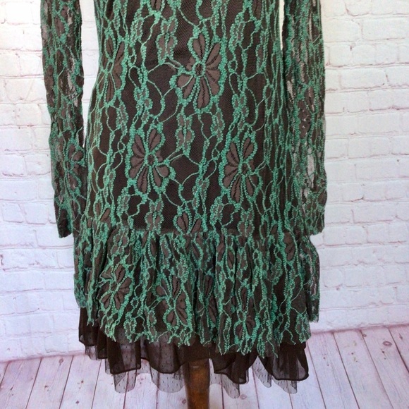 A’Reve Mint and Brown Floral Lace Tulle Long Sleeve Dress - Size Medium - Picture 4 of 9